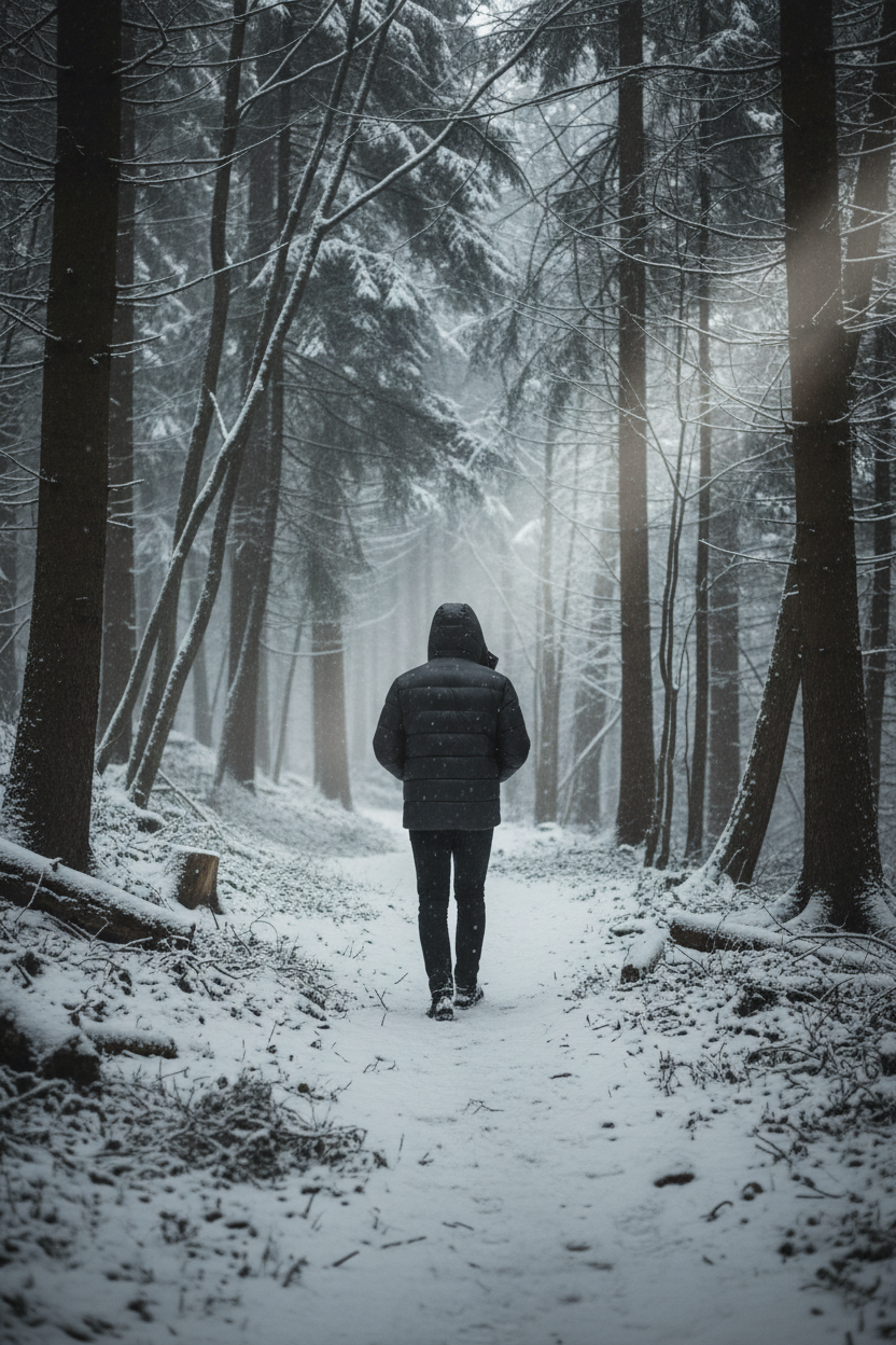 Man in a padded puffer jacket walking through a snowy British forest