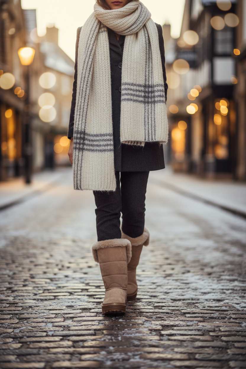 Woman wearing winter snow boots on a snowy cobblestone street
