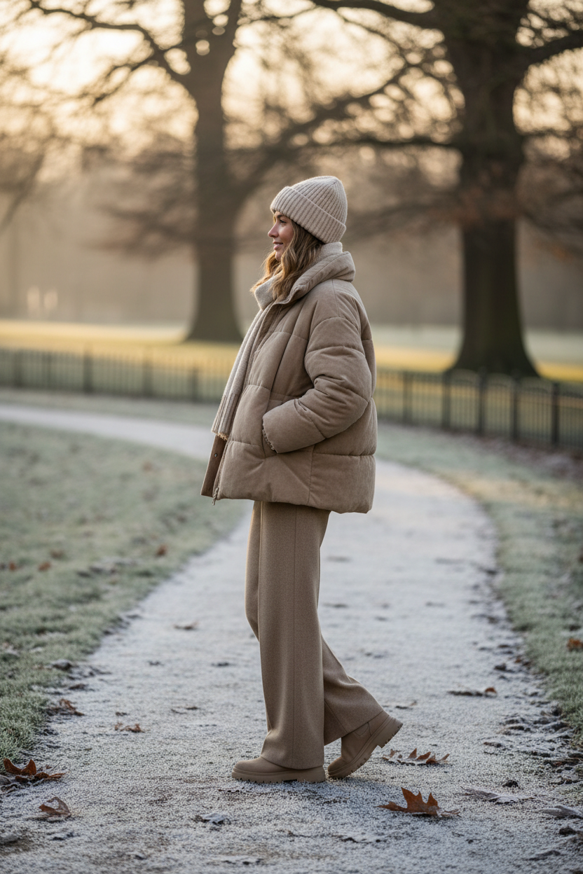 Stylish woman wearing a thickened winter jacket on a frost-covered park path