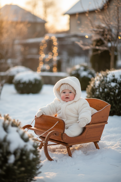 Adorable baby wearing a cosy hooded winter jacket in a snowy garden